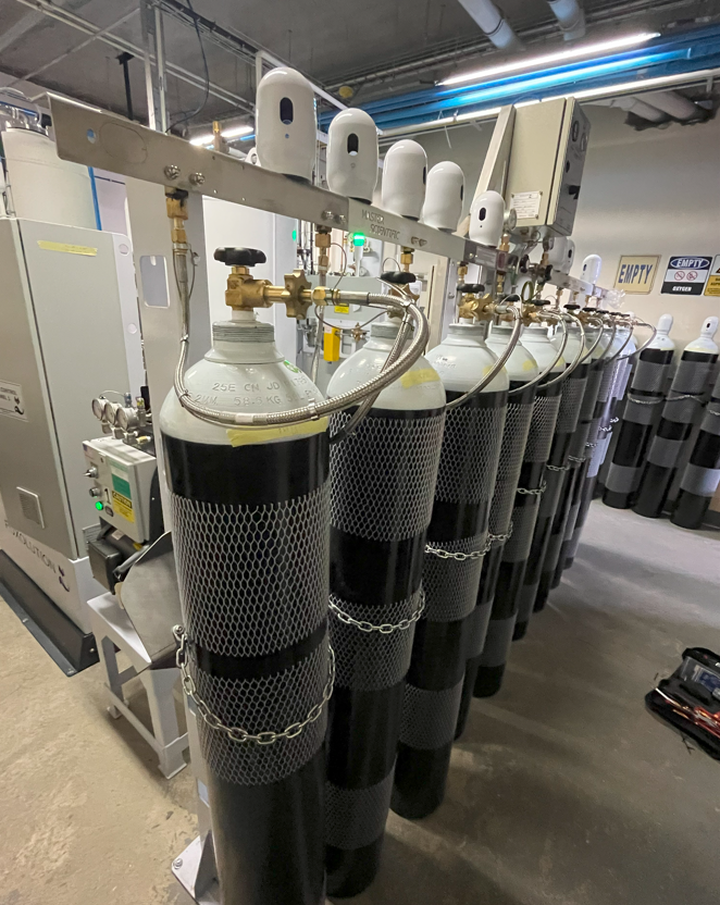 Oxygen bottles linked up to a unit